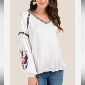 BLUE RAIN 100% Cotton Boho Peasant Top with Embroidery White XSMALL